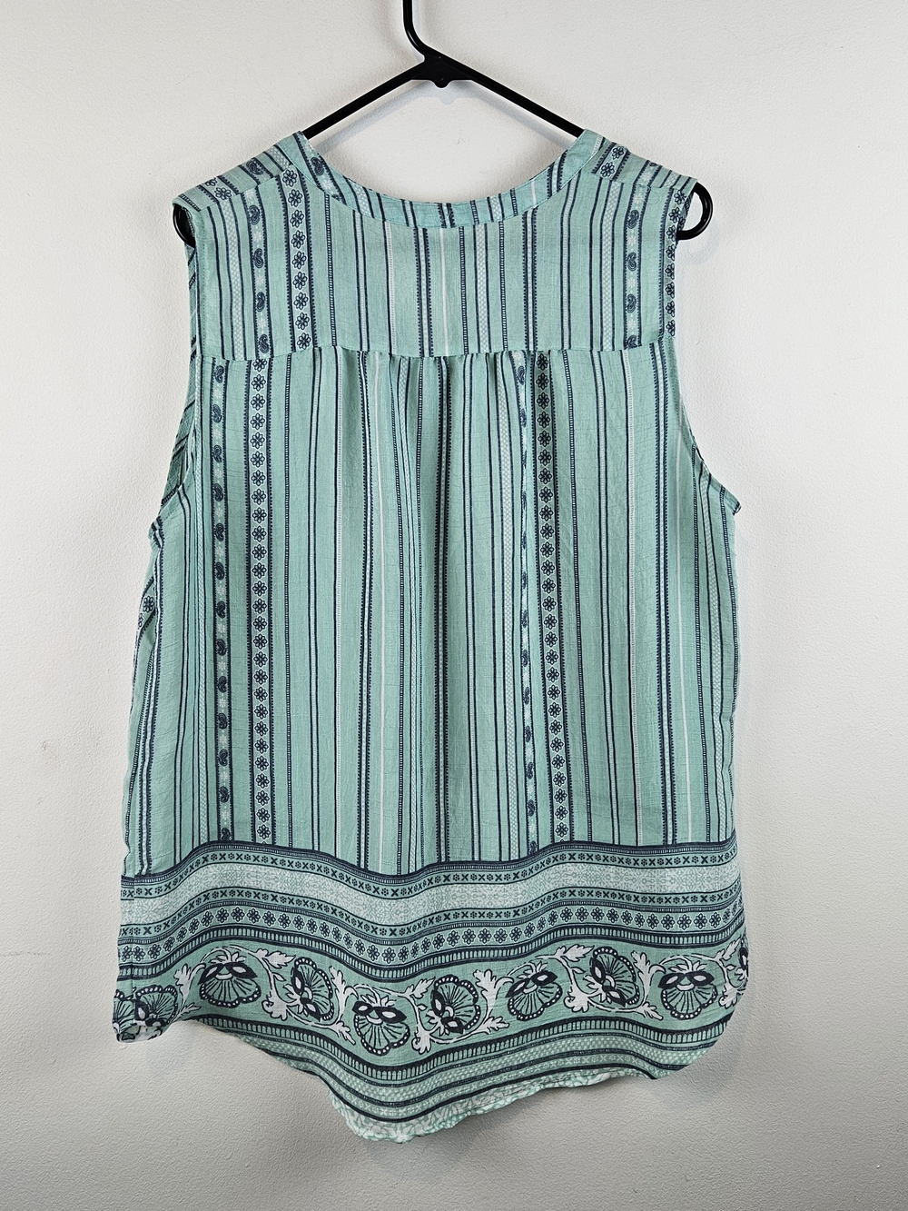 St. John's Bay XL Mint Green Sleeveless Henley Boho Top Stripe Floral Hem - Picture 3 of 16